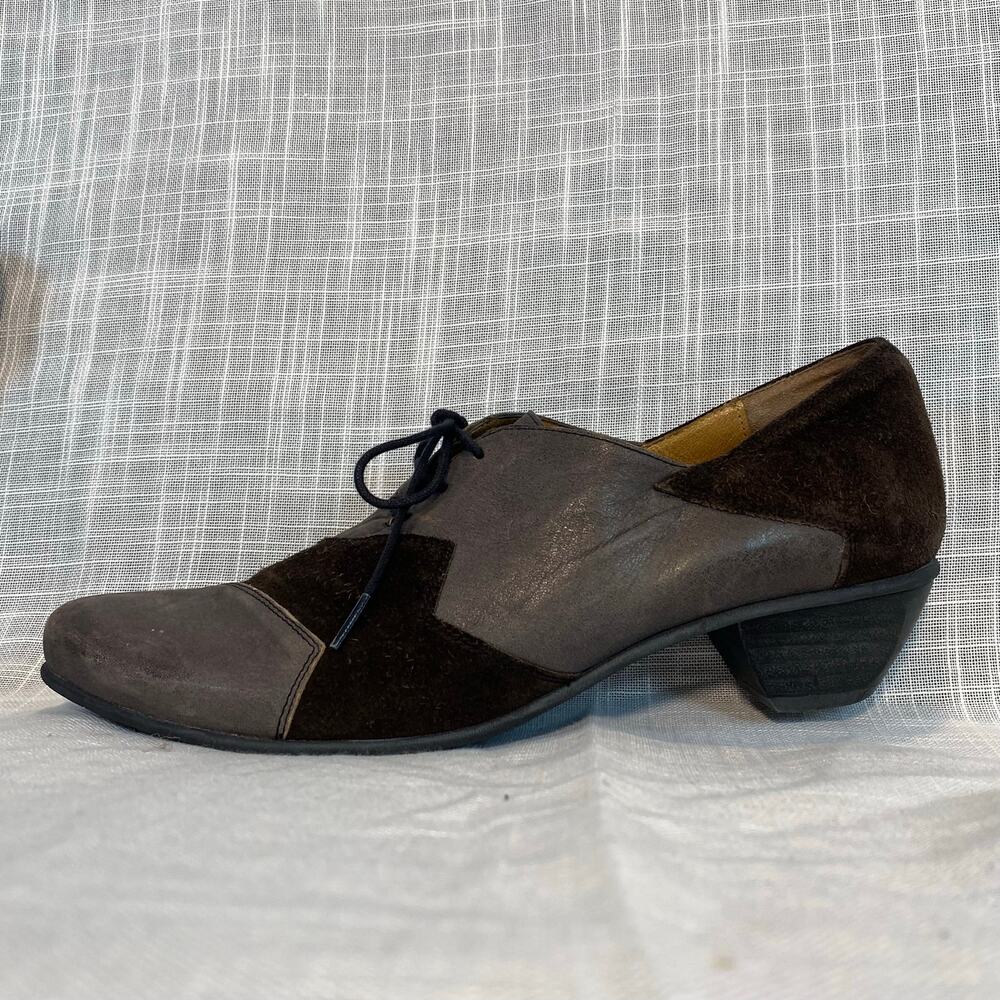 Fidji Gray Brown Leather Suede Lace Up Block Heel Oxfords Shoes Women Size 41 11